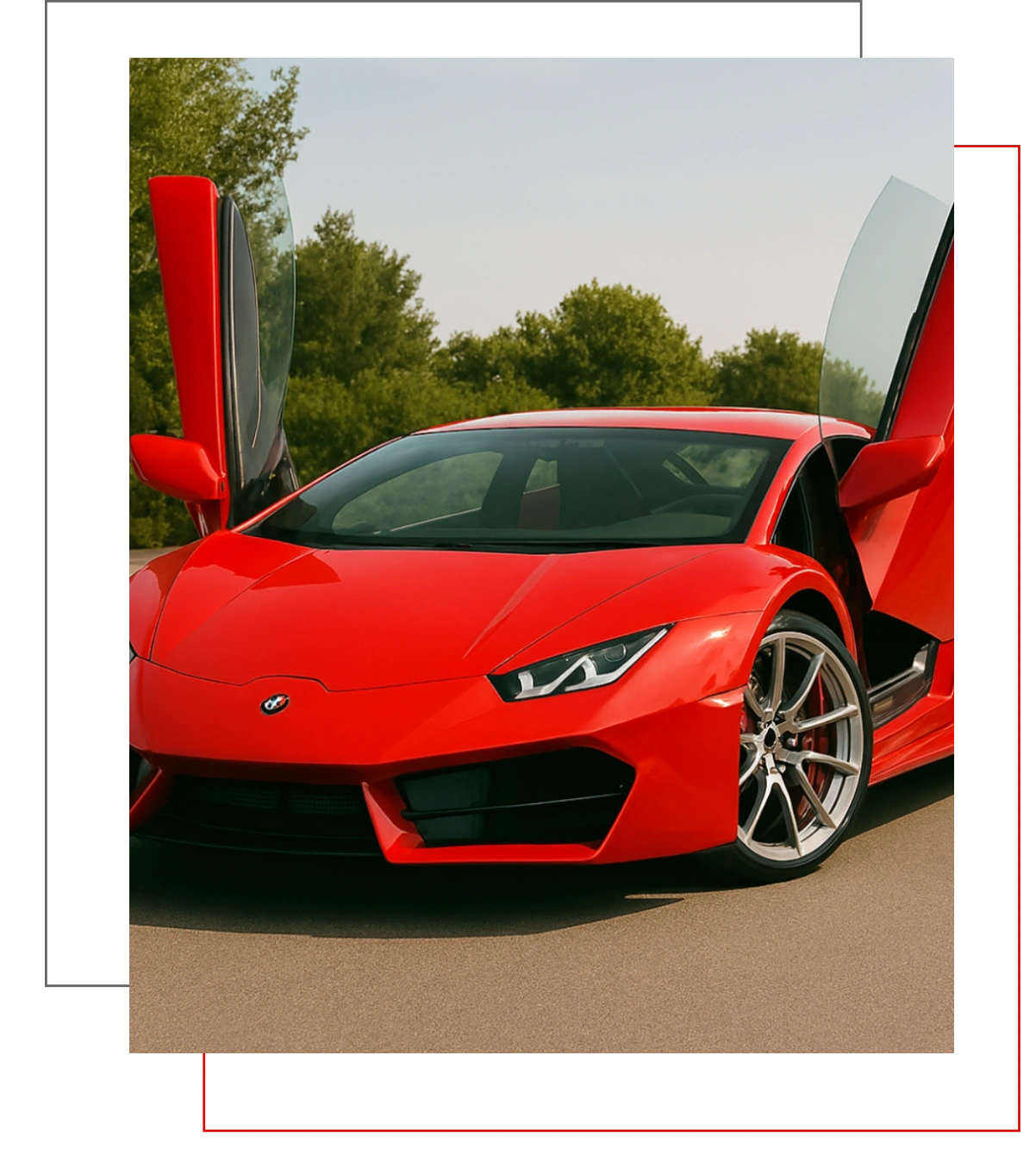 Red sports car with scissor doors open on a road.