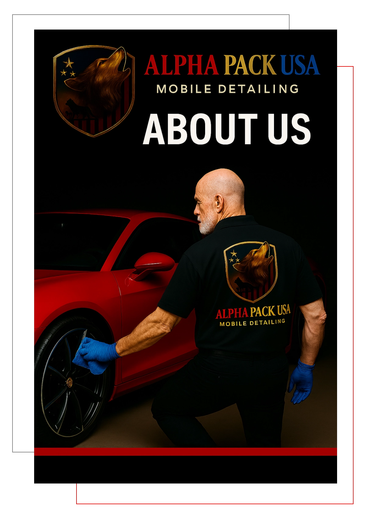 Man detailing a red car, showcasing mobile detailing service.