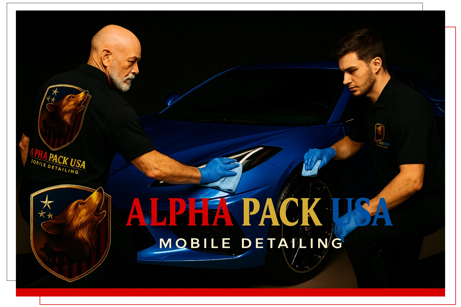 Two men detailing a blue car under focused lighting.